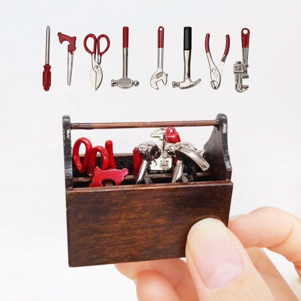 Mini Toolbox With 8pcs Tools Wooden Dolls House Accessories Of Miniature  Tool Box Wooden Toolbox Model For 12 Doll House Accessories , Halloween/Than