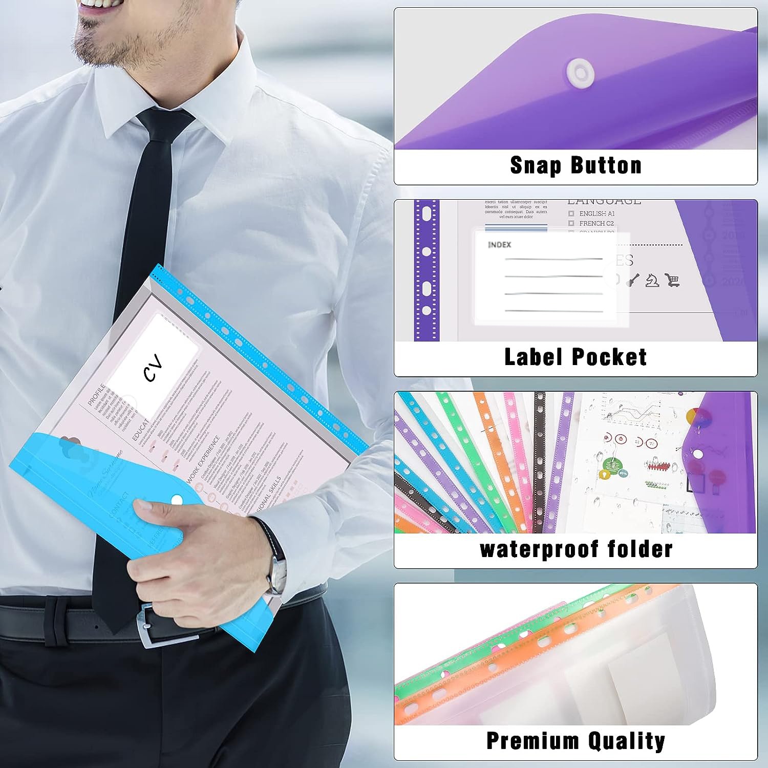 12PCS Chemises à Documents en Plastique, Pochettes pour Documents