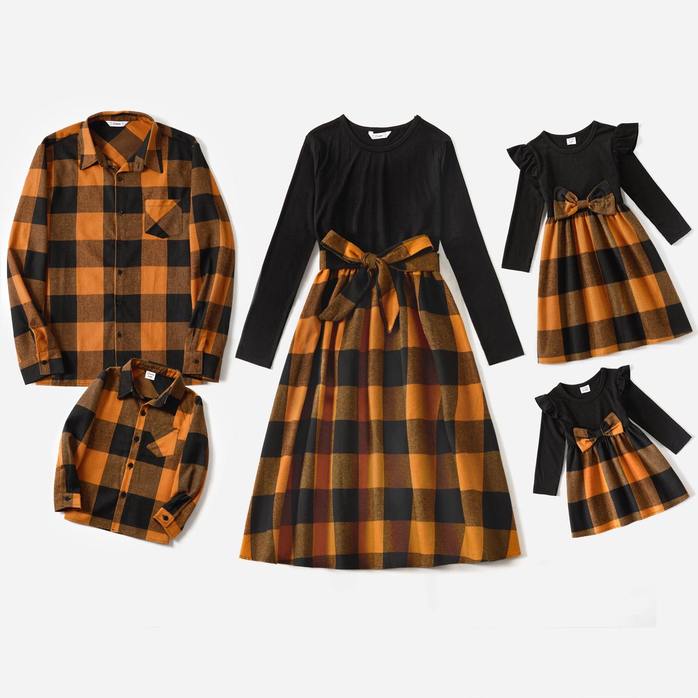Family Matching Long-sleeve Solid Rib Knit Spliced Plaid Dresses and Shirts Sets
