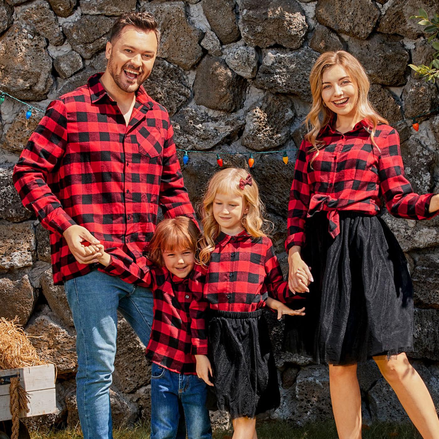 Red and Black Plaid Splice Long-sleeve Family Matching Sets