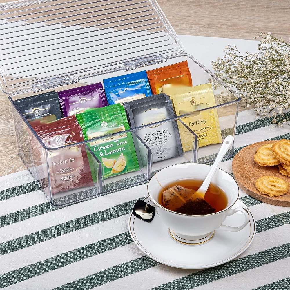 Stackable Tea Bag Organizer With Lid And 8-gird, Plastic Storage