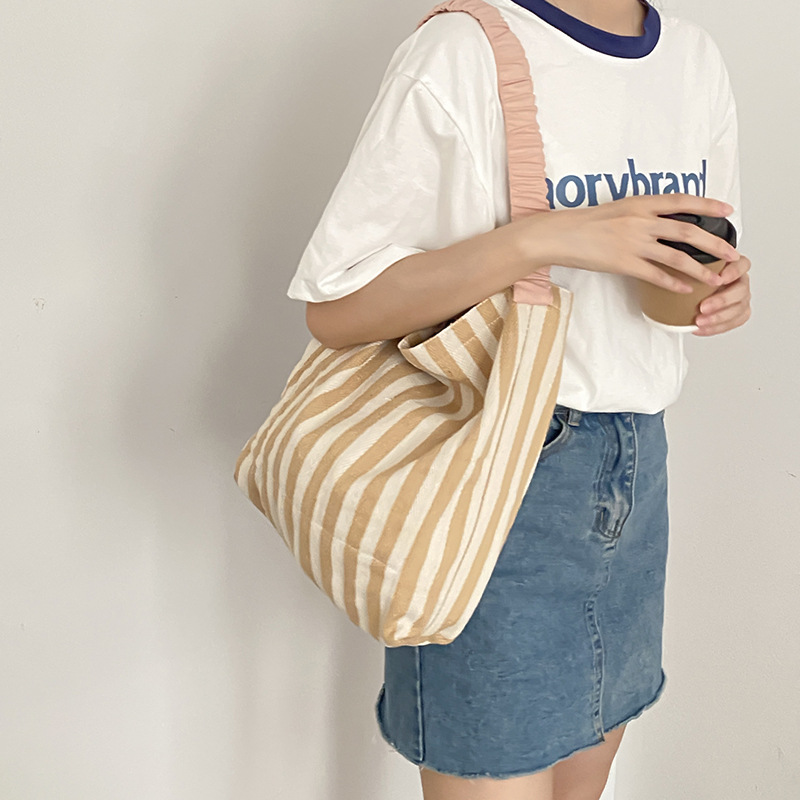 Simple Striped Pattern Canvas Bag, Lightweight All-match Shoulder Leisure  Handbag, Vacation Rope Handle Bag - Temu