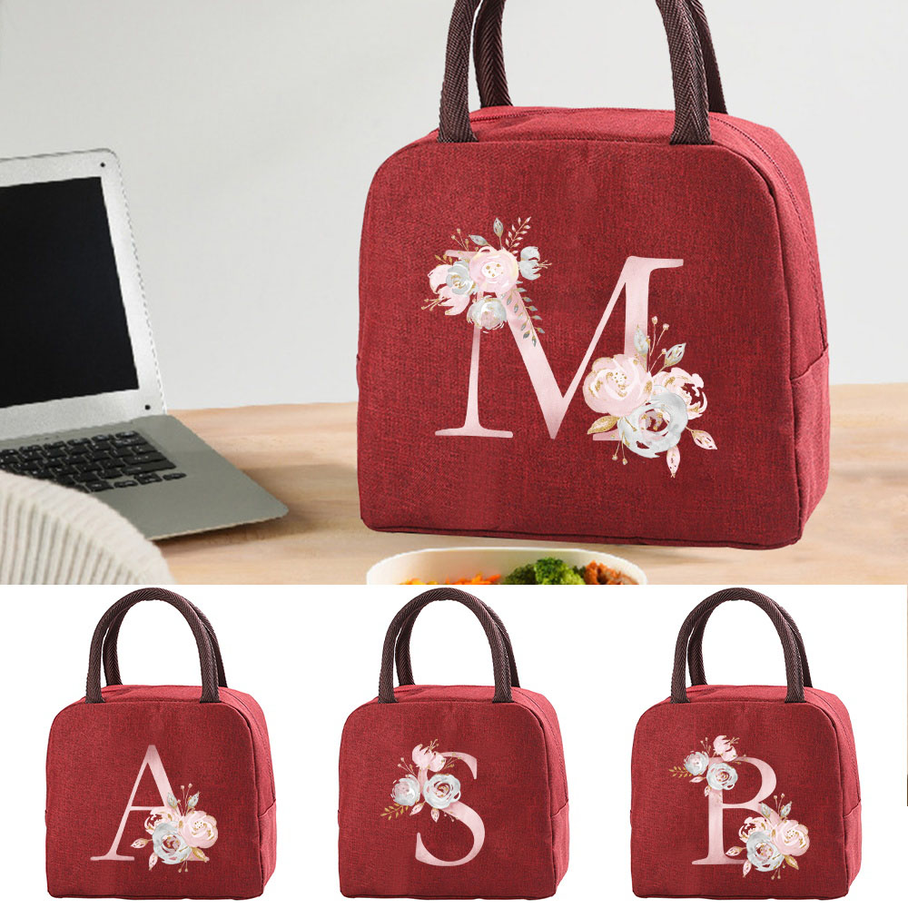 Portable Insulated Lunch Bag, Flower Letter Print Lunch Box