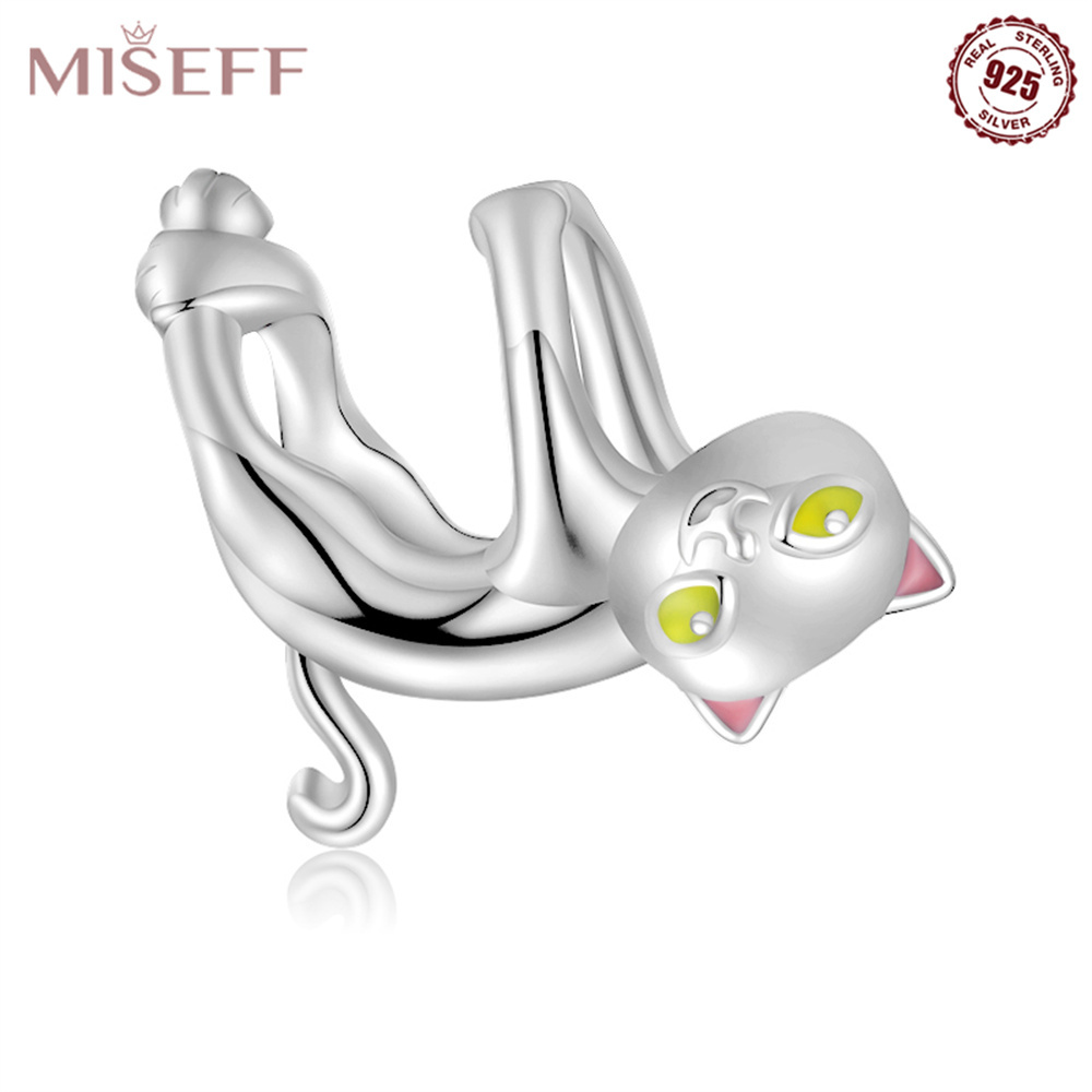 Miseff Genuine 925 Sterling Silver Cat Beads Lazy Cat Charms - Temu France