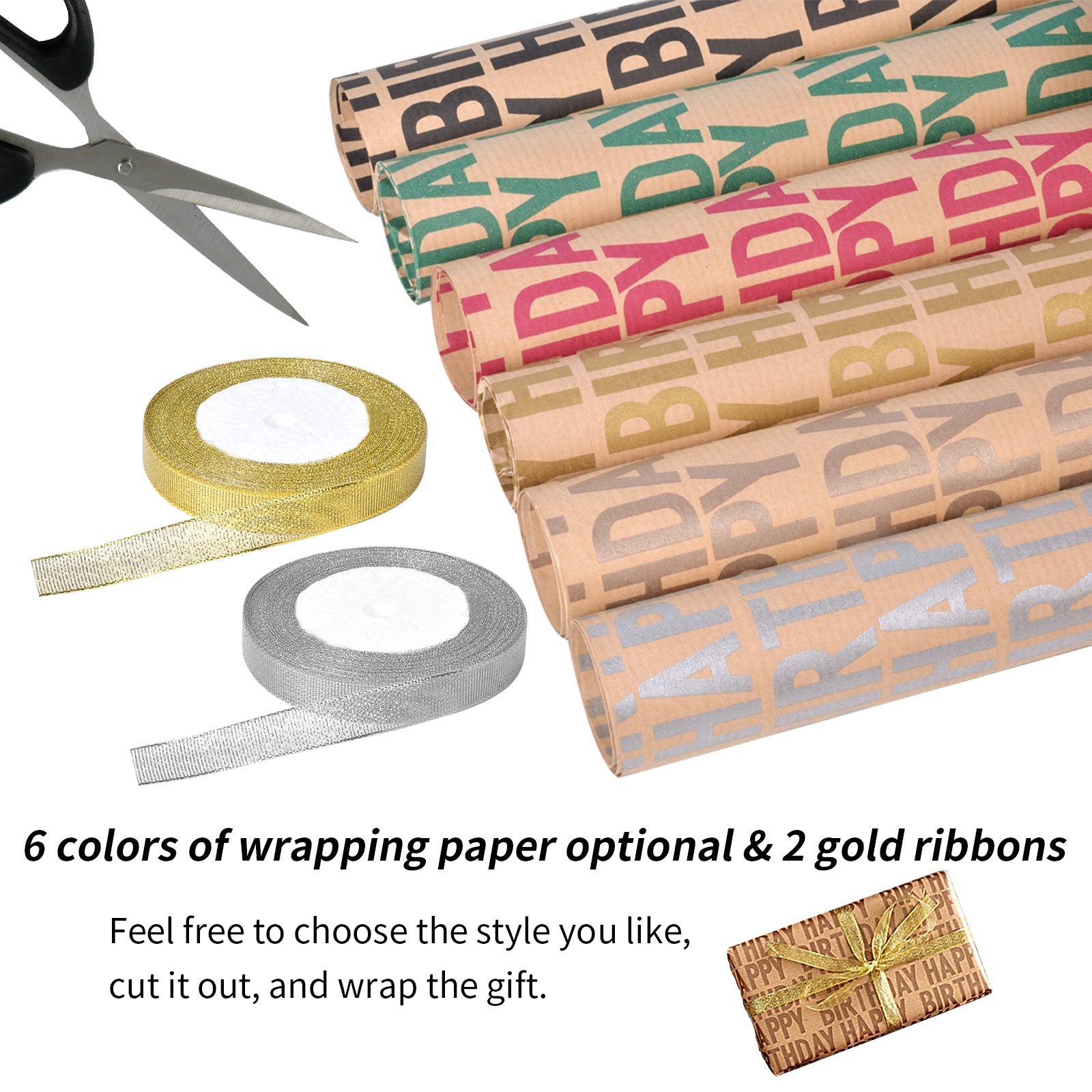 6 Sheets, Birthday Wrapping Paper, 19.69 X 27.56inch Gift Wrapping Paper  Roll With 2 Roll Ribbons, Brown Kraft, For Birthday, Festival, Party  Decorati