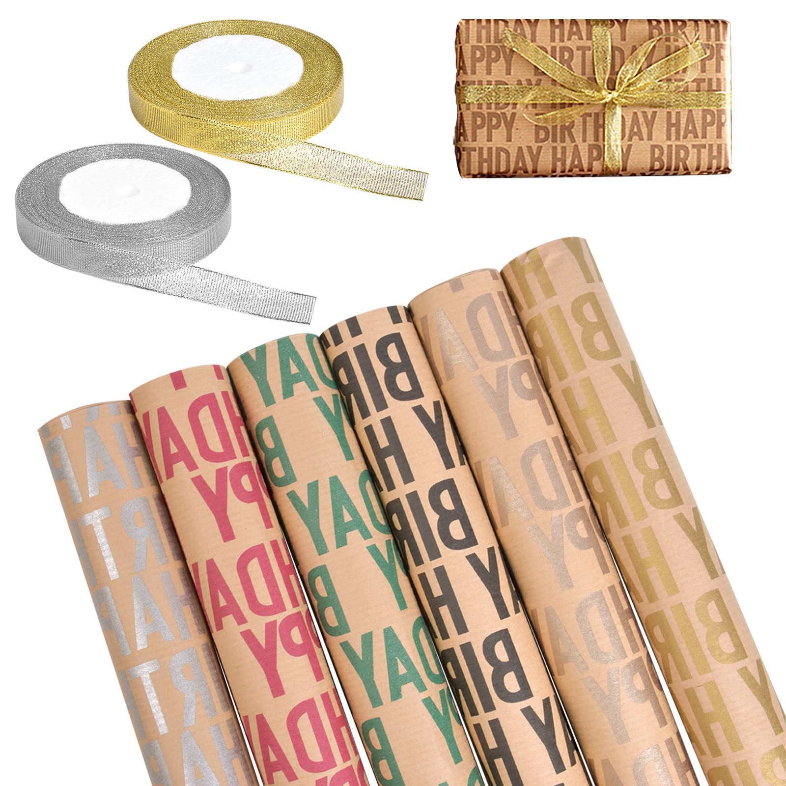 Birthday Wrapping Paper Brown Kraft Gift Wrapping Paper, 6 Sheets