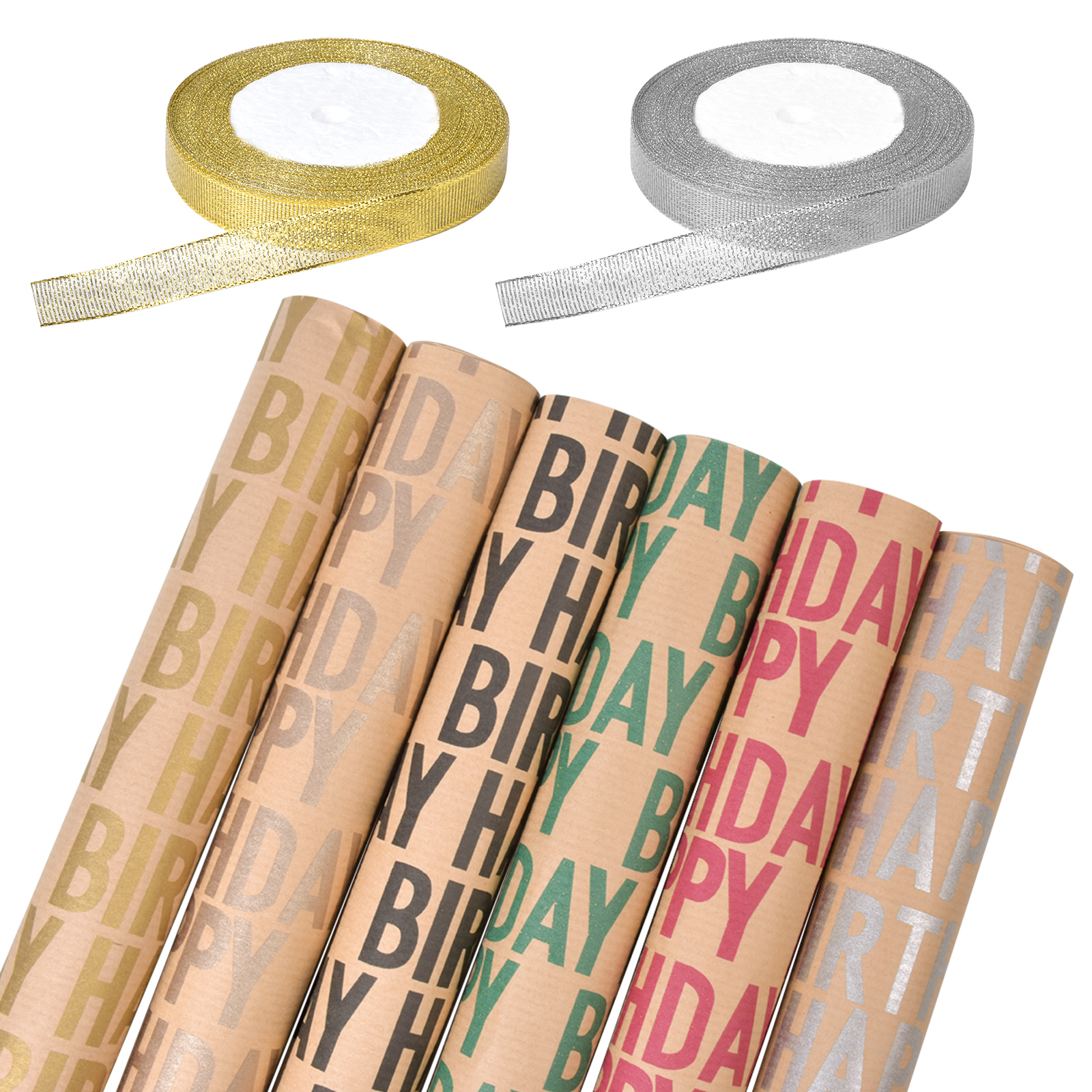 6 Sheets, Birthday Wrapping Paper, 19.69 X 27.56inch Gift Wrapping Paper  Roll With 2 Roll Ribbons, Brown Kraft, For Birthday, Festival, Party  Decorati