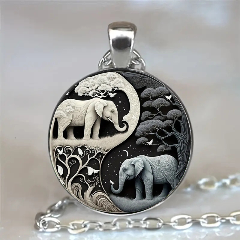 1 2pcs elephant tai chi charm pendant keychain necklace printed metal animal keyring perfect gift for men women details 1