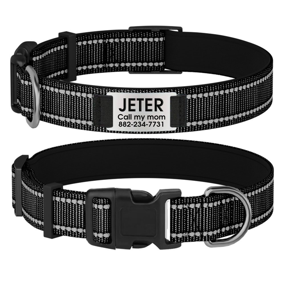 TEMU Customizable Reflective Dog Collar With Name Plate - Padded Nylon Fit, 12 Color Options & Personalized Name Tags, Replaces Id Tags, Perfect Gift