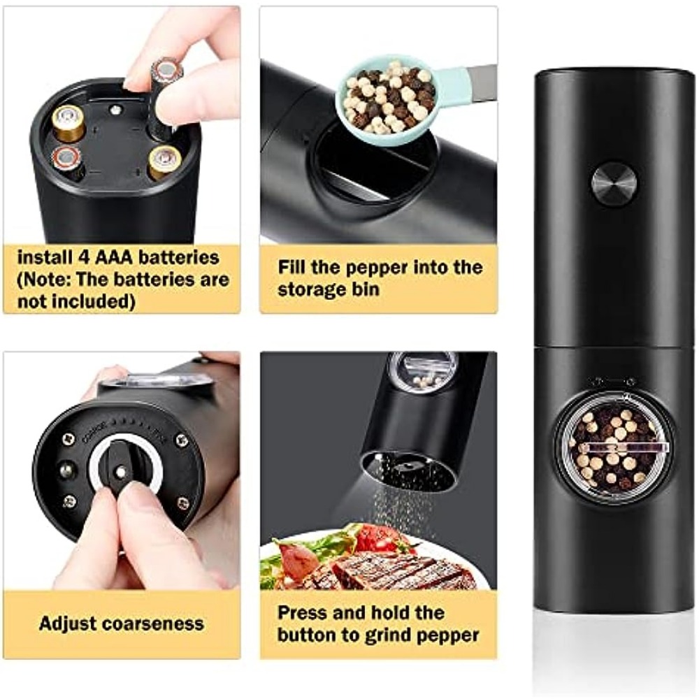1pc, Electric Pepper And Salt Grinder, Salt And Pepper Mill, Battery  Powered Pepper Mill With 5 Level Adjustable Coarseness, LED Light, One  Handed Ope