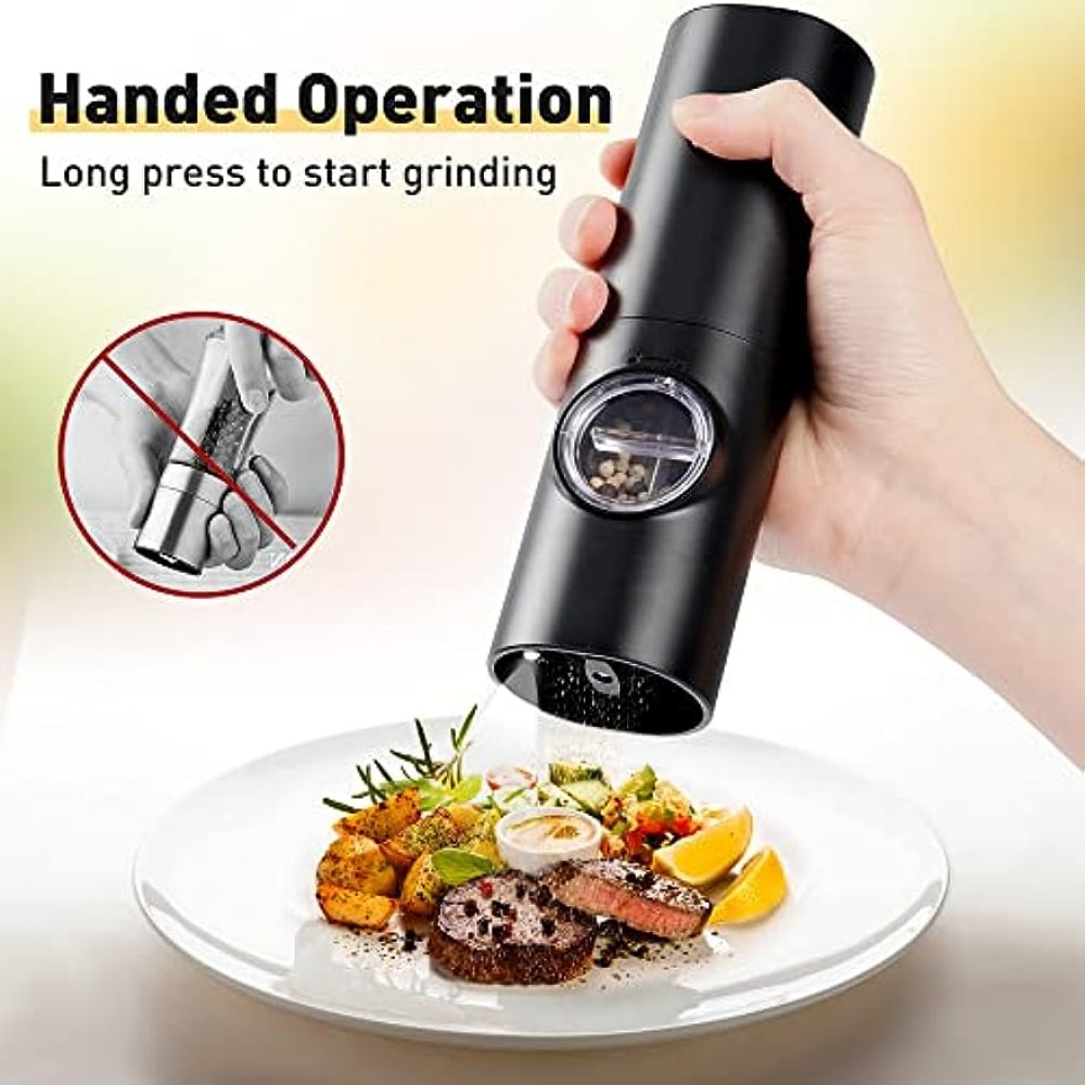  Electric Salt and Pepper Grinder Set (pack of 2) - Stainless  Steel Battery Operated Salt & Pepper Mills with Light - Complimentary Mill  Rest- One Handed Operation Adjustable Ceramic Grinders: Home