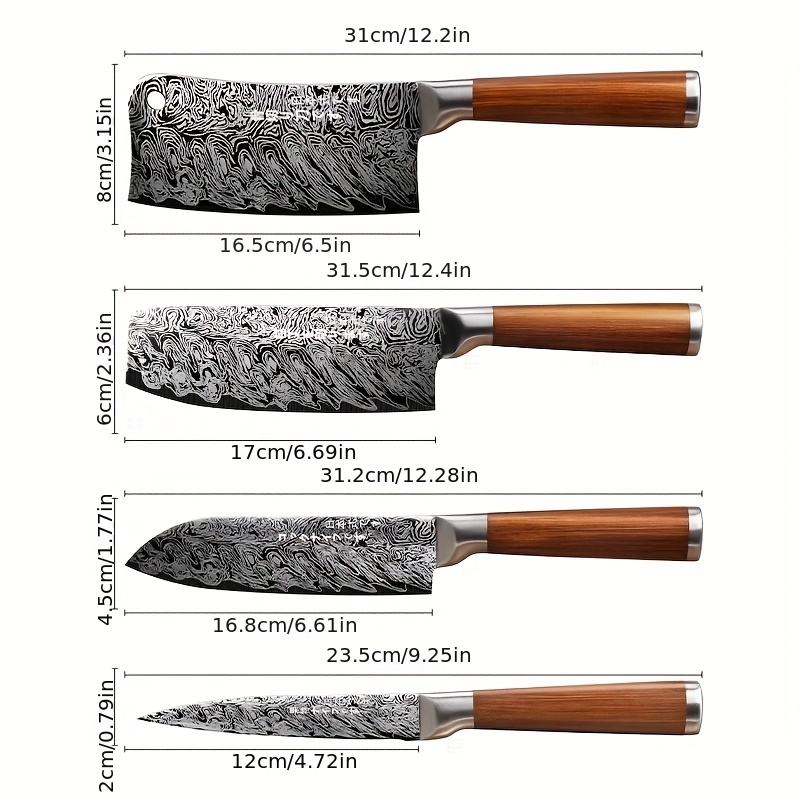 4pcs/set, Kitchen Knife, Damascus Pattern Chef Knife, Small Fruit Knife,  Meat Boning Knife For Outdoor Home Camping