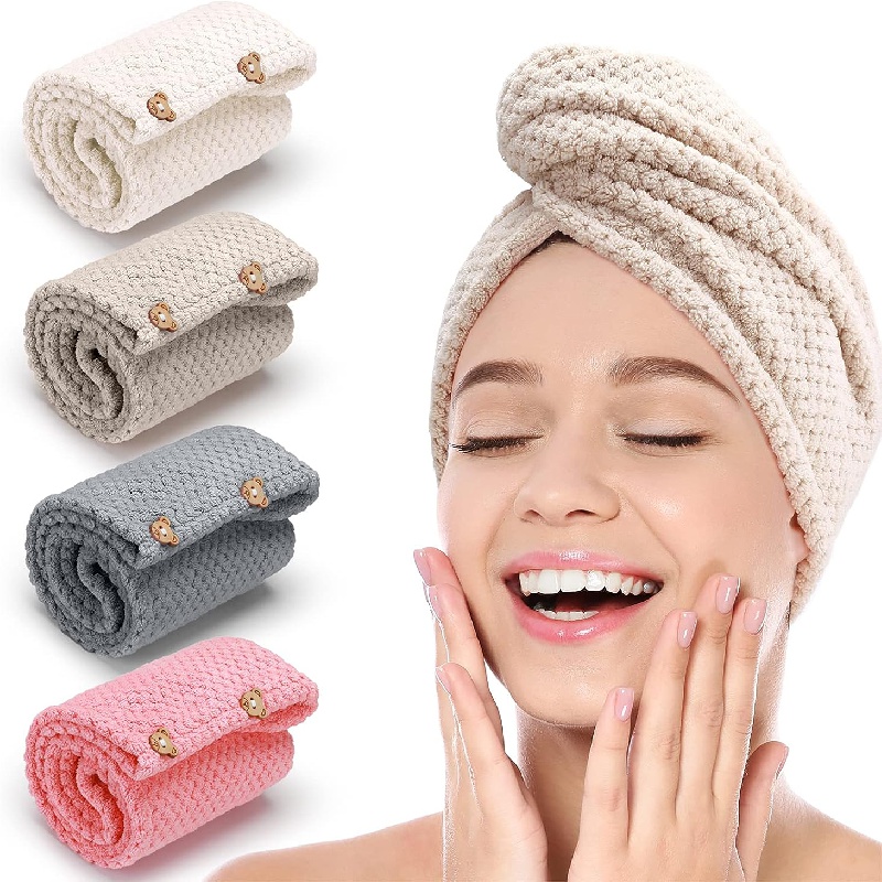 

4 Pack Microfiber Hair Towel Wrap For Women, Microfiber Hair Turban For Wet Hair Reversible Hair Drying Towel Wrap For Curly Long Thick Hair Anti Frizz Double Layer