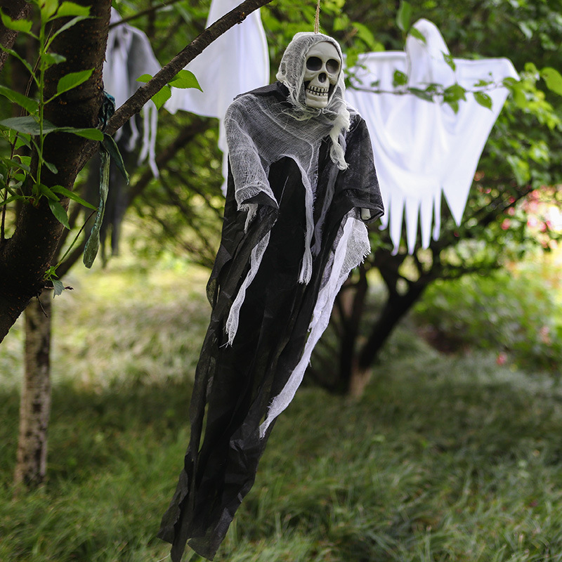 halloween decorations hanging ghosts skull head gauze ghost face haunted house entrance horror props ghost ornaments details 1