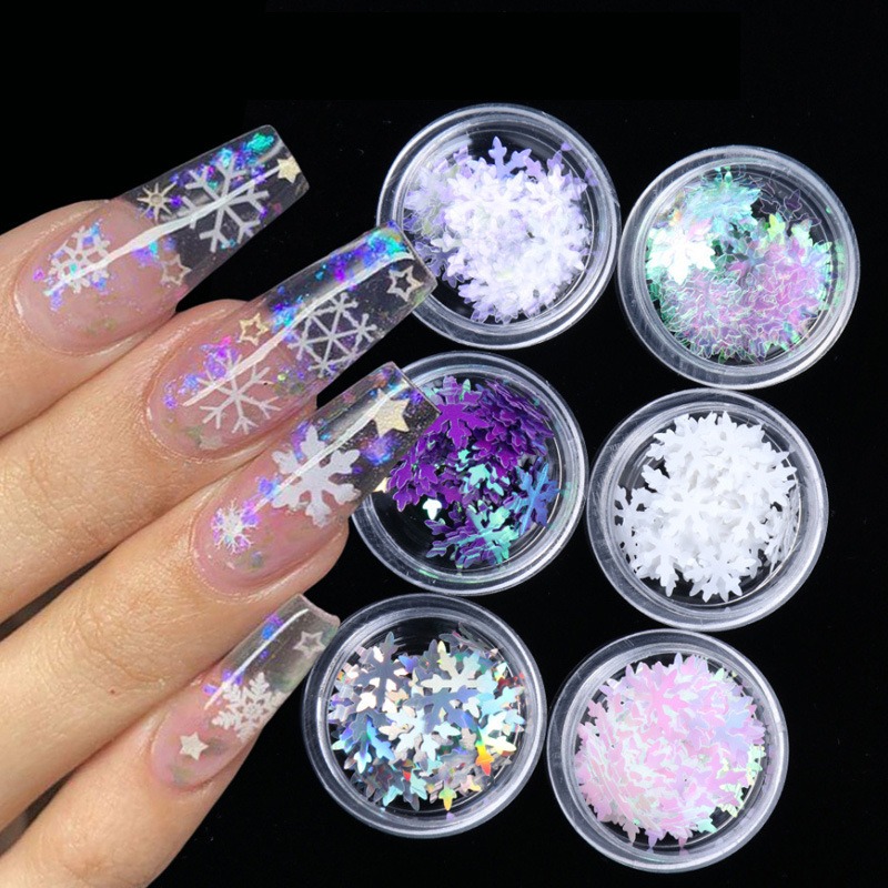  6Grids 3D Snowflake Glitter Nail Sequins Holographic Laser  White Snowflake Nail Art Stickers Decals Christmas Nail Glitter Flakes  Winter Nail Snow Glitter Nail Art Accessories Xmas Nail Glitter Charms :  Beauty