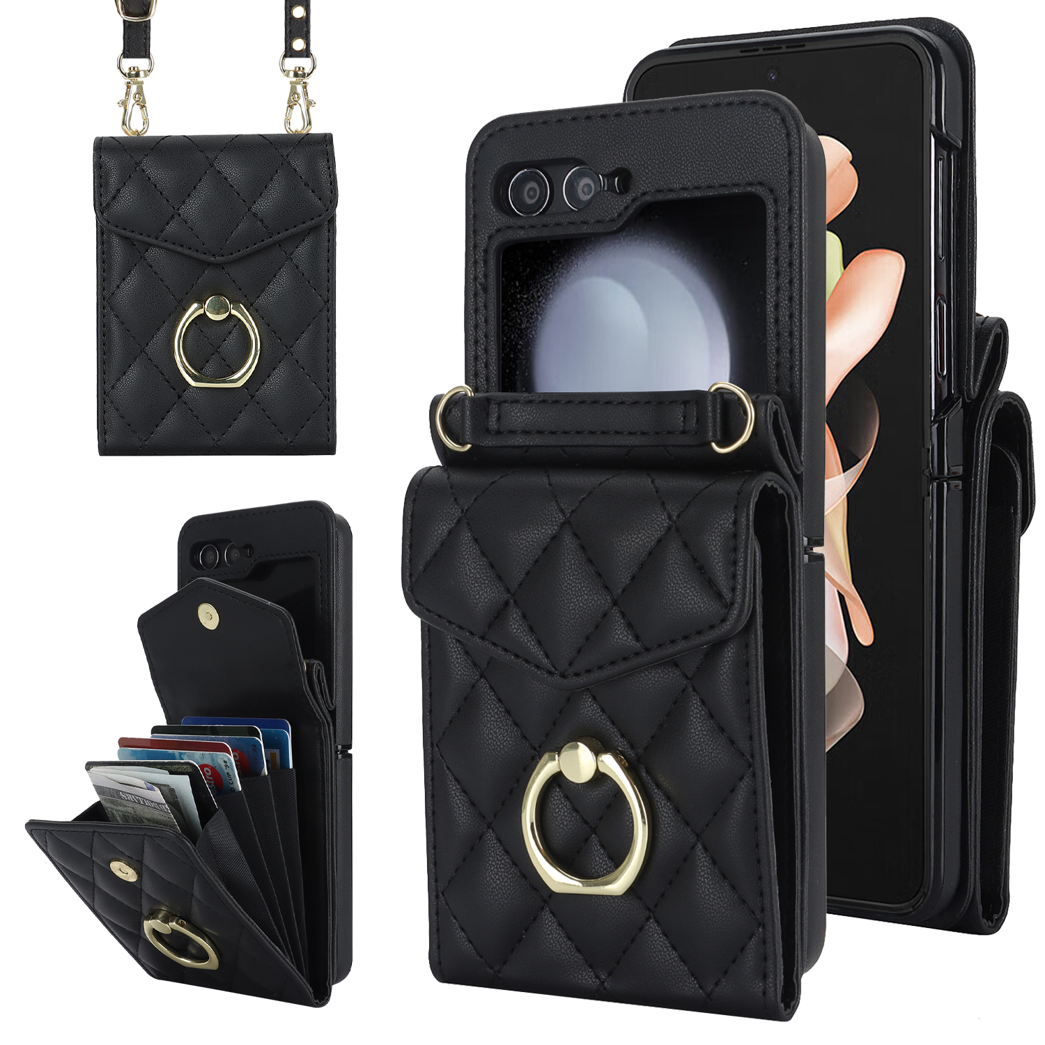 Pu Leather Wallet Case For Samsung Galaxy Z Flip 5 With Card Holder &  Crossbody Shoulder Strap Lanyard