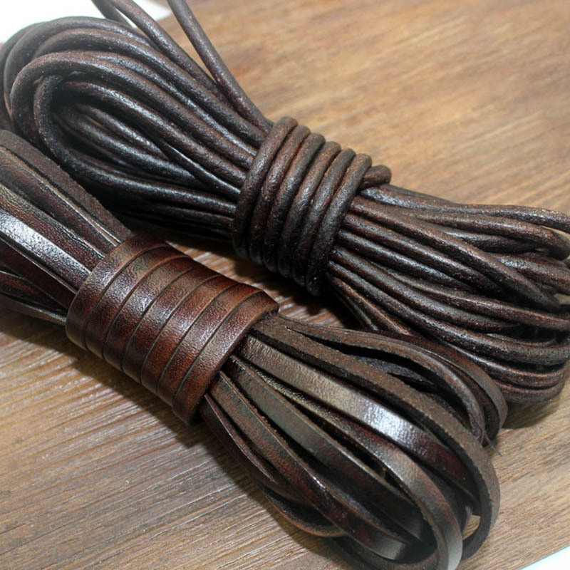 2M Retro Brown Real Genuine Leather Cord Round Flat Rope String