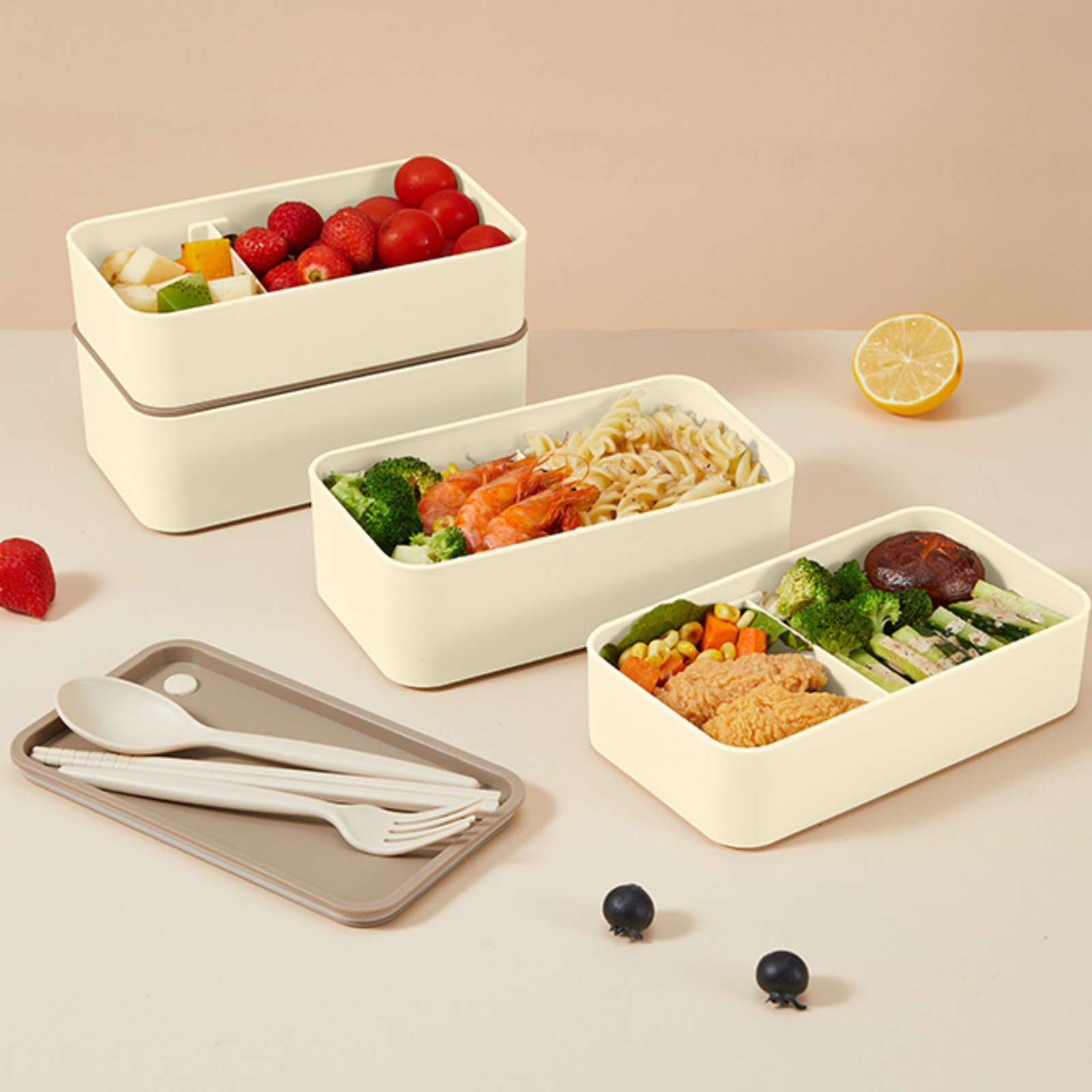 1440ml Microwavable Plastic Bento Lunch Box With Bag, Sauce Container And  Utensils, Leak-proof Fruits Salads Food Container For Kids And Adults