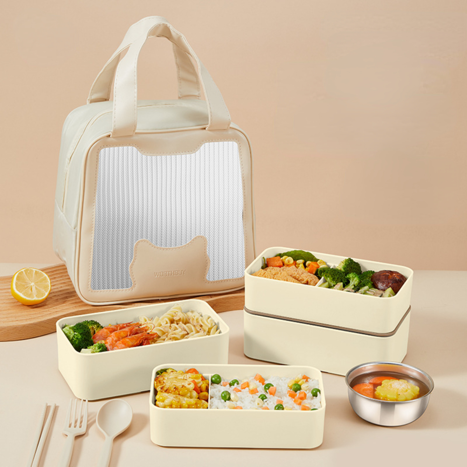 Cheap Bento Lunch Box 2-Compartment Double Layer with Sauce