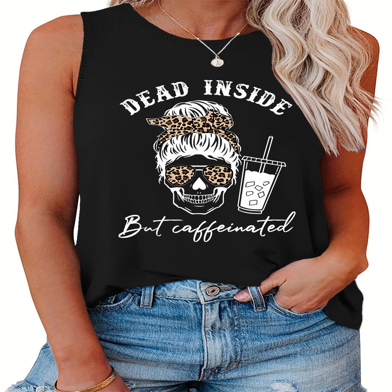 

Plus Size Halloween Casual Tank Top, Women's Plus Skull & Slogan Print Round Neck Vest Top