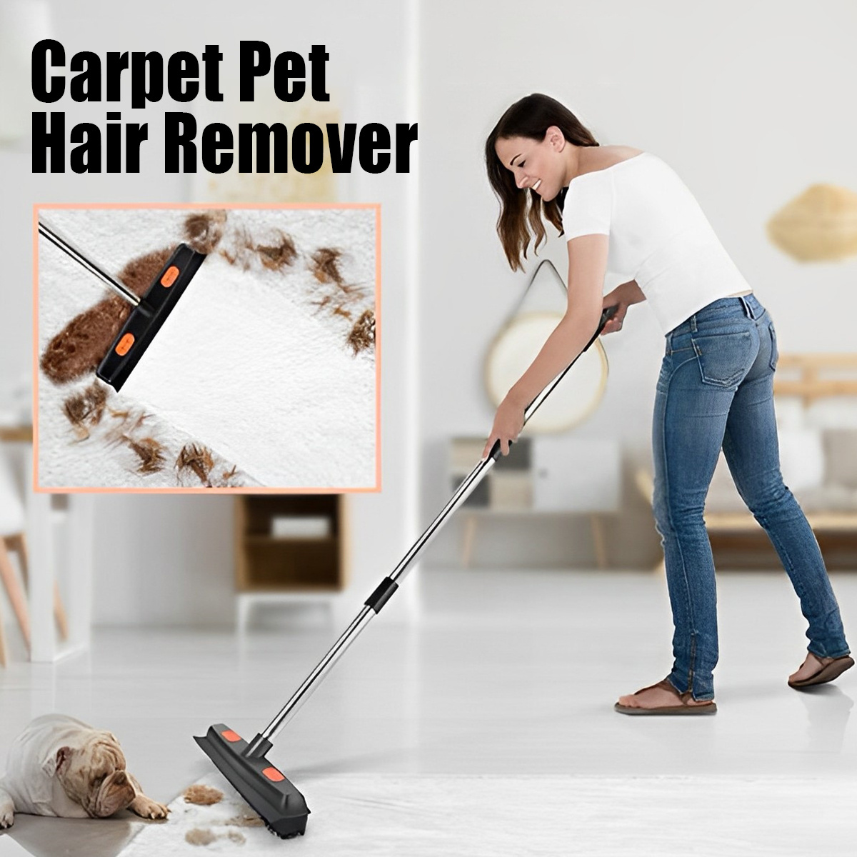 Broom With Scraper For Carpet Pet Hair Remover Long Handle - Temu