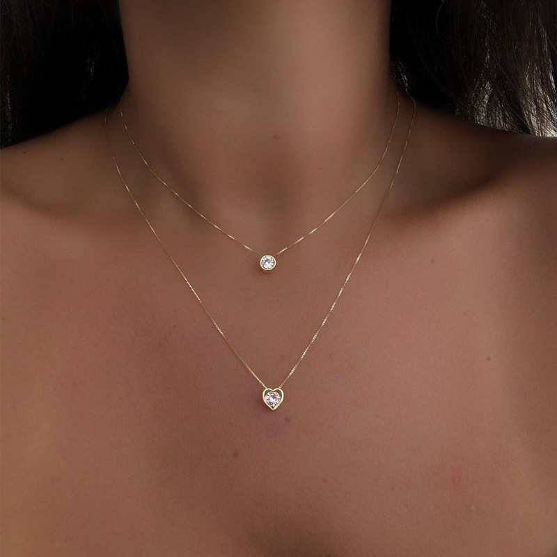 Image of Fashion Trendy Jewelry Luxurious Synthetic Zirconia Sparkling Double-layer Heart Pendant Necklace