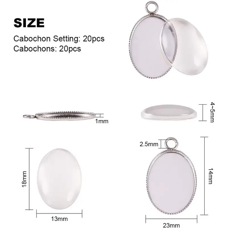 1Box 20pcs Bezel Pendant Blanks Settings With 20pcs Oval Pendant Trays  Bezel Blanks And 20pcs Glass Cabochons Clear Dome For Photo Jewelry Making  18*1