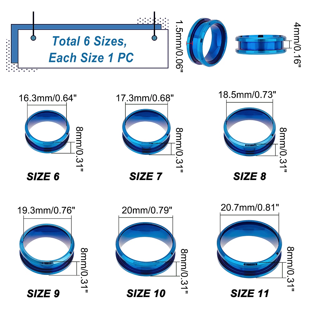 18pcs Blue Blank Core Ring 6 Size Stainless Steel Blank Finger Ring Hypoallergenic Inlay Ring Round Grooved Empty Ring Blanks for Jewelry Making US