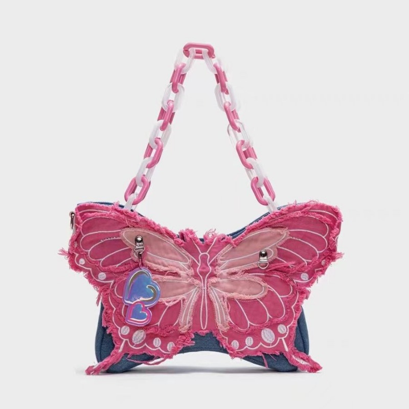 Neon Pink Butterfly Decor Flap Square Bag