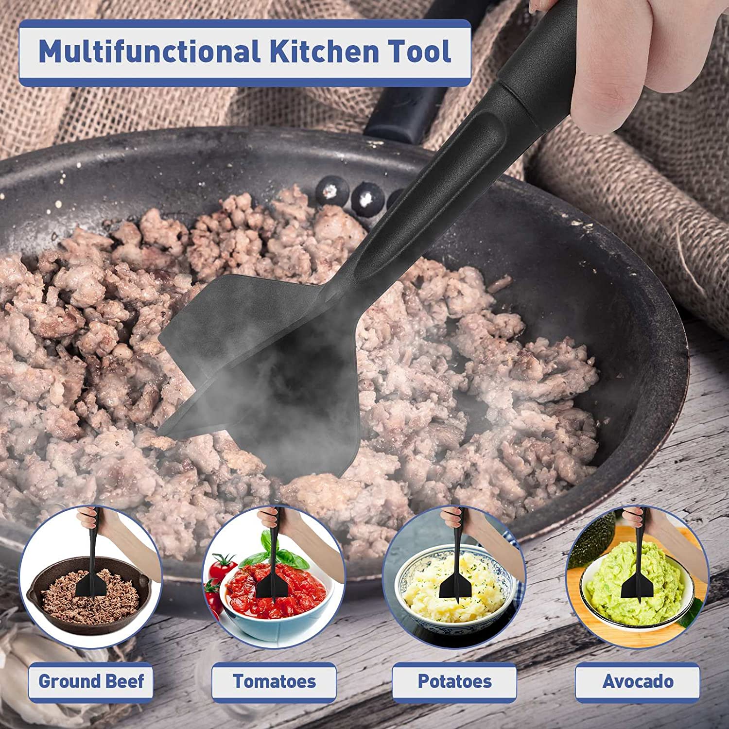 Kitchen Meat Chopper Ground Beef Masher Utensil Heat Resistant Non-Stick | Black