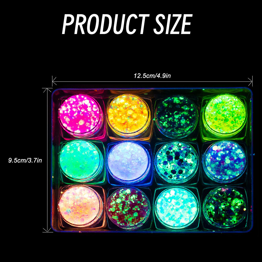 Glow in The Dark Body Face Glitter Gel, 12 Colors Luminous , Self-Adhesive  UV Black Light Iridescent Chunky Glitter for Hair/Eyeshadow, Carnival Party