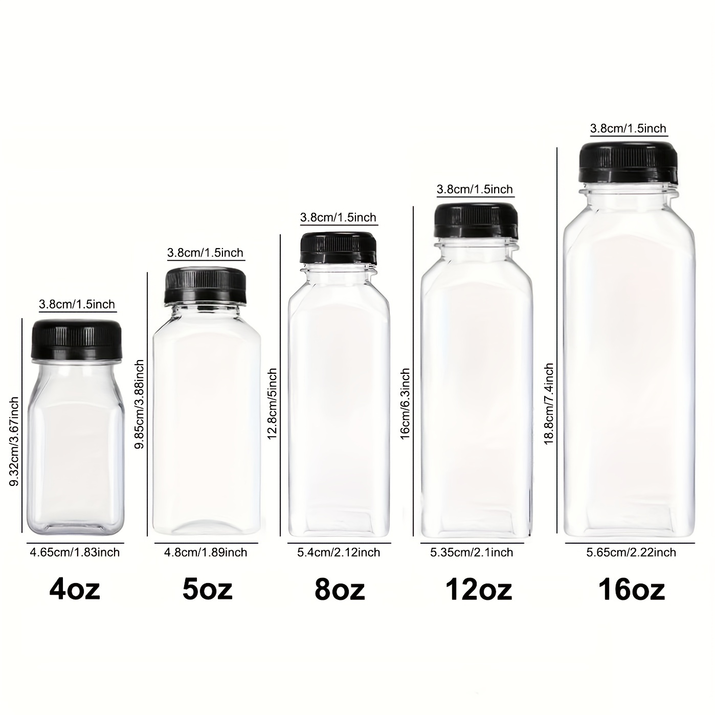 4 OZ Plastic Juice Bottles, Reusable Bulk Beverage Containers, Comes Black  lid, for Juice, Milk and Other Beverages, 10 Pcs.