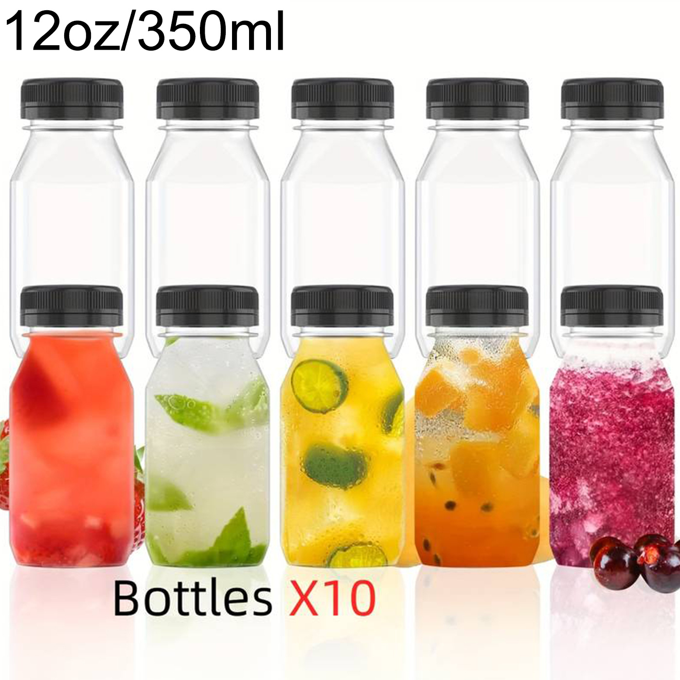 6 Pack 12oz Plastic Juice Bottles with Lid Caps for Fridge Drink Containers