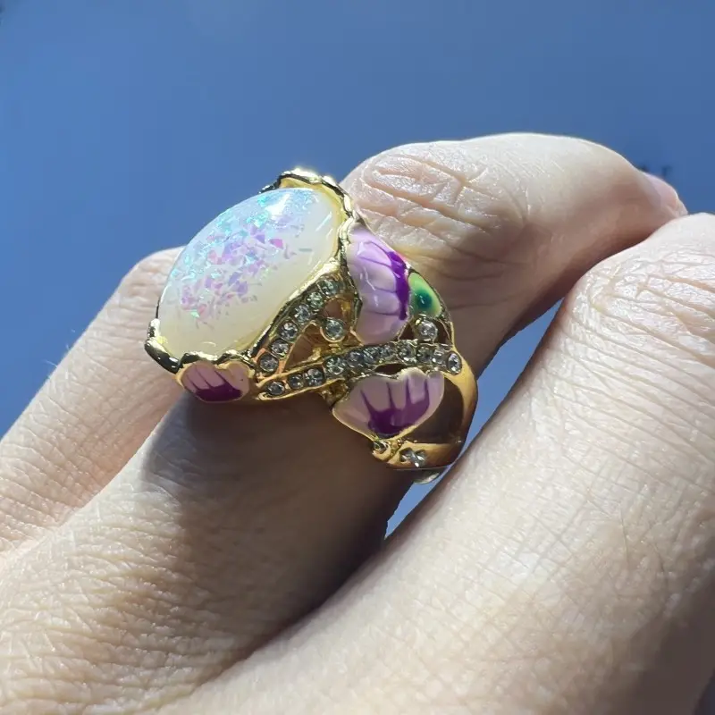 elegant ring 14k gold plated inlaid opal flower shape band multi sizes to choose perfect birthday gift for her details 2