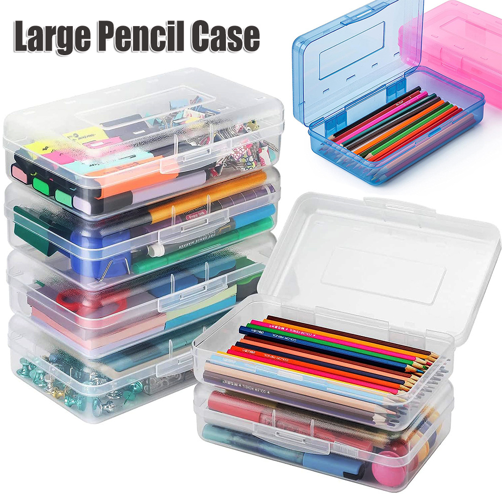 Paquete de 6 cajas grandes de plástico para lápices, caja de lápices de  colores surtidos a granel, estuche transparente con tapa y cierre a presión