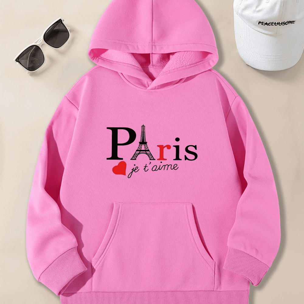 

''paris'' Tower Graphic Girl Hooded Sweatshirt Smart & Comfy Long Sleeve Casual Tops Tween Kids Clothing For Fall/ Winter Outfit