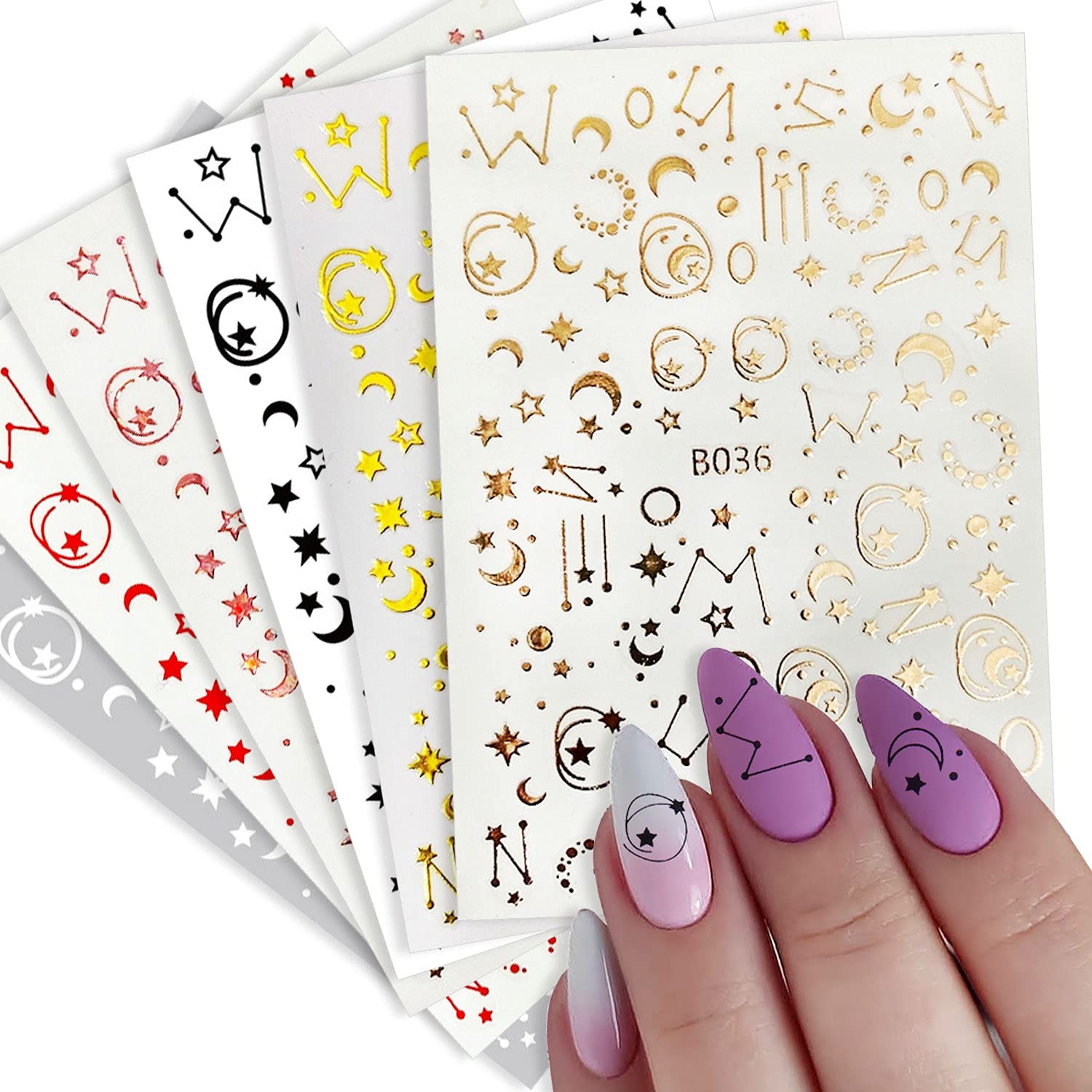 8Sheets Gold Star Nail Sticker Decals- Metallic Nail Supplies 3D  Self-Adhesive Sun Stars Moon Starlight Planets Snake Nail Design Nail Art  Stickers