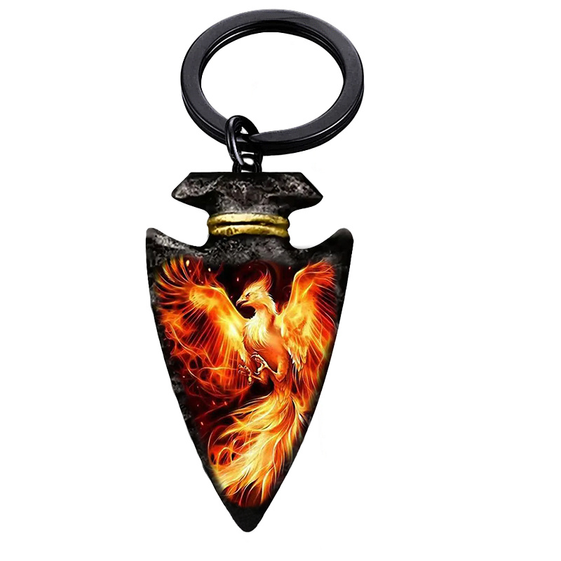 1pc fashion cartoon mythical fire phoenix pattern inverted triangle shape keychain jewelry gift for friends and men details 2