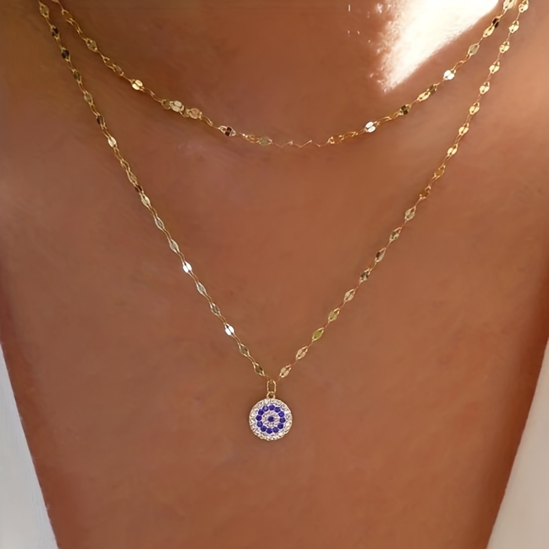 

1pc Evil Eye Crystal Double Layer Necklace For Men And Women , Golden Plated Sweater Chain Necklace