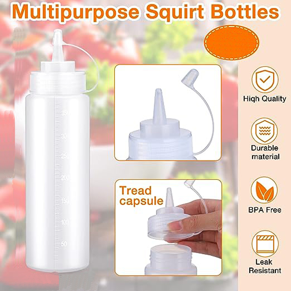 Condiment Squeeze Bottles, Empty Squirt Bottle, Leak Proof - for Ketchup, Mustard, Syrup, Sauces, Dressing, Oil, Arts & Crafts, BPA Free Plastic 