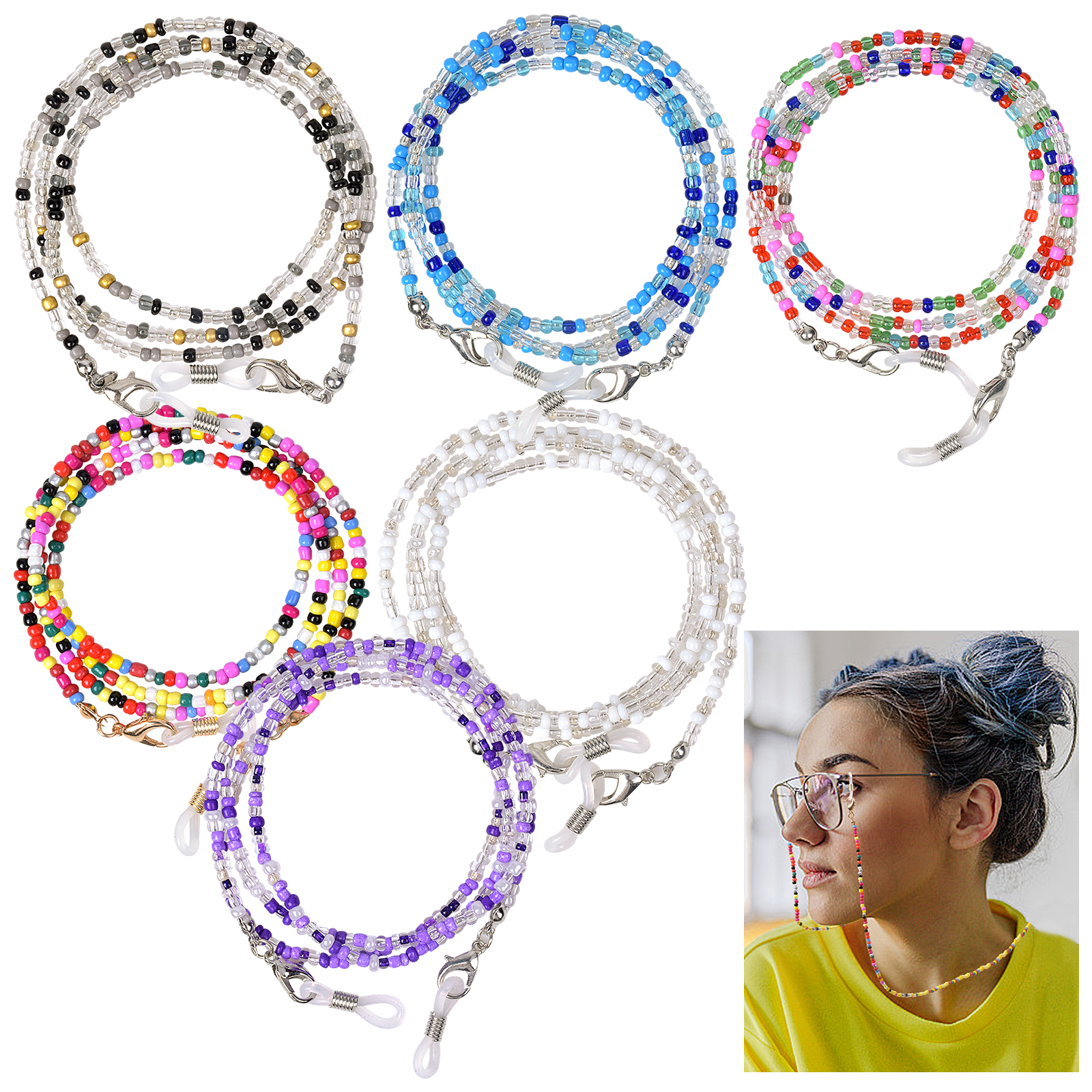 

6-pack Beaded Glasses Lanyard Strap, Adjustable Anti-slip Fashion Eyewear Retainer For Reading Glasses And Face Masks