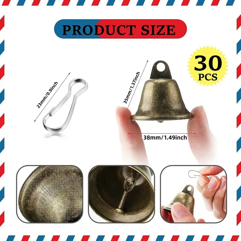 Gejoy 30 Pieces Craft Bells Small Brass Bells for Crafts Vintage Bells with Spring Hooks for Hanging Wind Chimes Making Dog Trainin