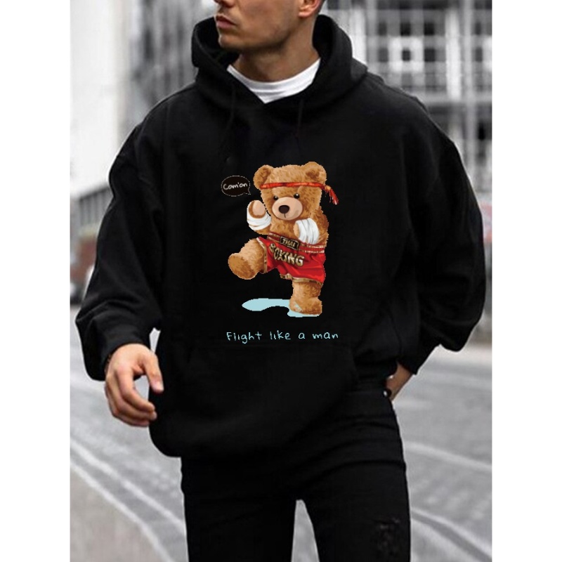 

Teddy Bear Boxer Print Hoodie, Cool Hoodies For Men, Men's Casual Graphic Design Pullover Hooded Sweatshirt With Kangaroo Pocket Streetwear For Winter Fall, As Gifts