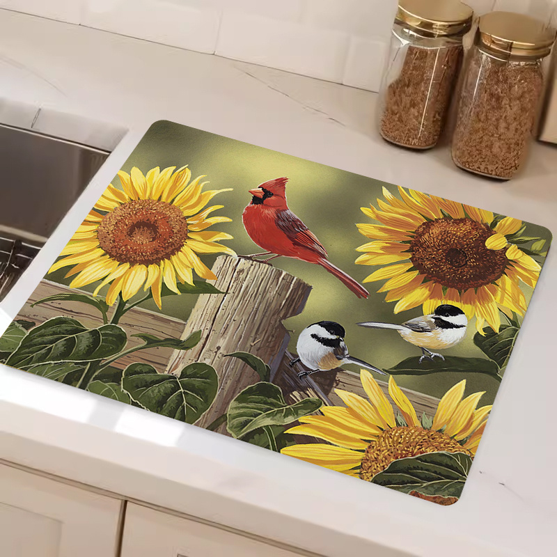 Rubber Dish Drying Mat, Bird Sunflower Pattern Draining Mat, Dish Drying Mat,  Oil-proof, Waterproof And Heat-proof Placemat, Absorbent Bar Mat, Non-slip  Mat, Coffee Machine Mat, Kitchen Utensil Draining Mat, Kitchen Supplies 