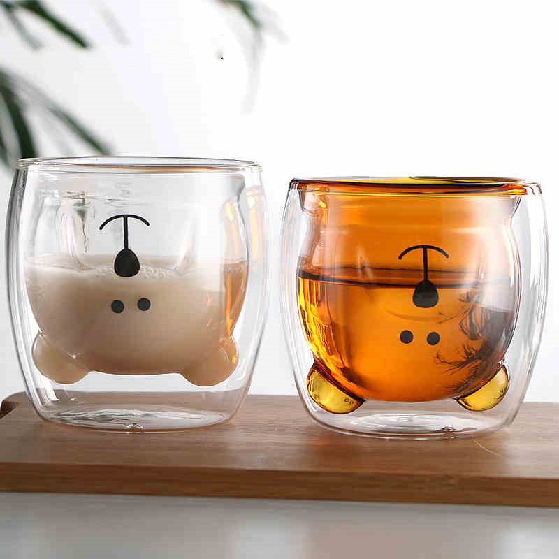Double Layer Glass Cup Bear Cake Towel Cartoon Creative Milk Cup Teacup  TikTok Same Style Cat's Paw Cute Transparent Cup