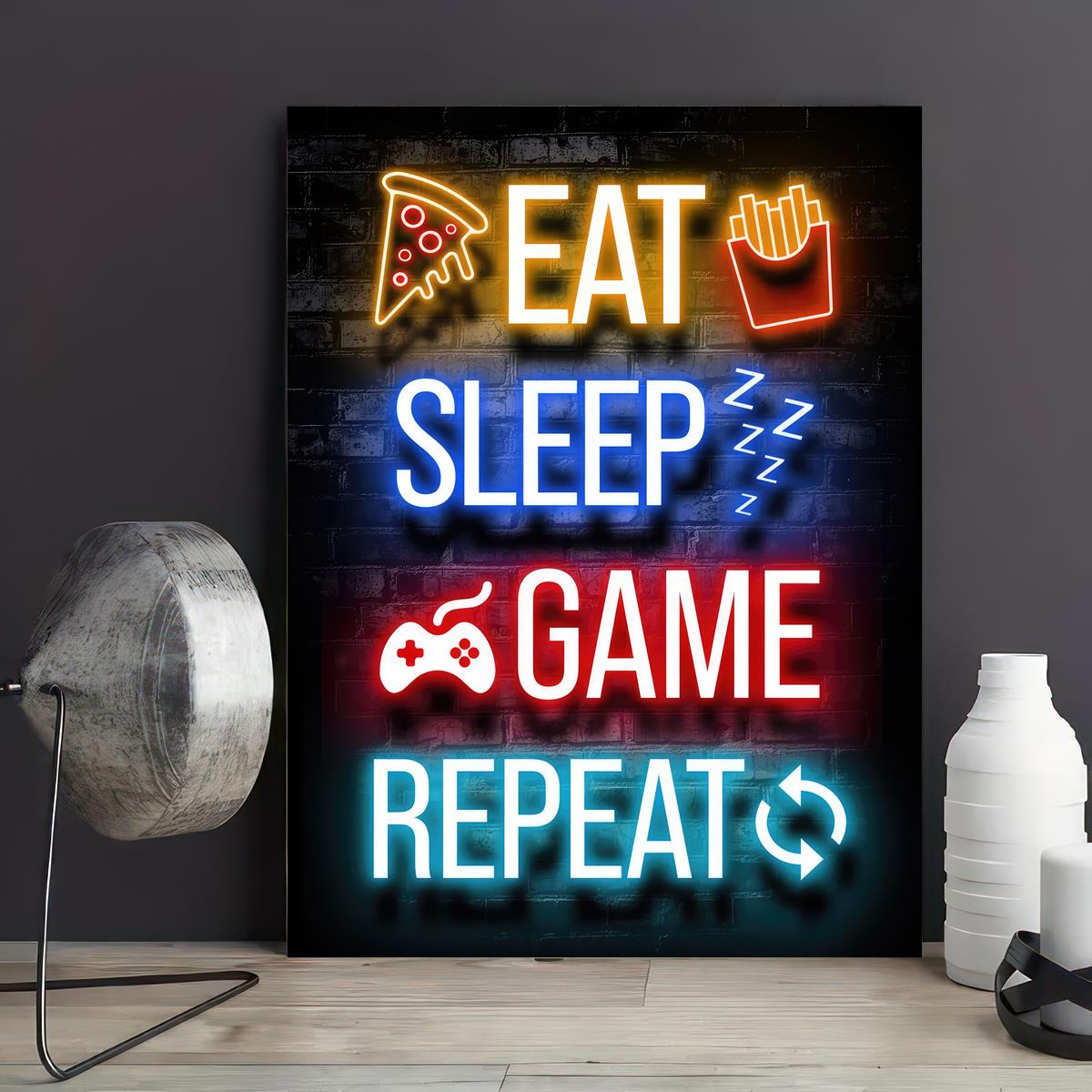 Art Poster Eat Sleep Game Repeat-Gaming Neon Quote