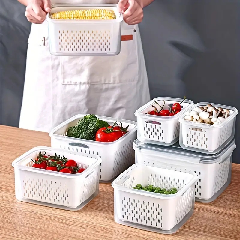 Caja de almacenamiento para refrigerador, organizador de frutas y verduras  frescas, cesta de drenaje, contenedores de