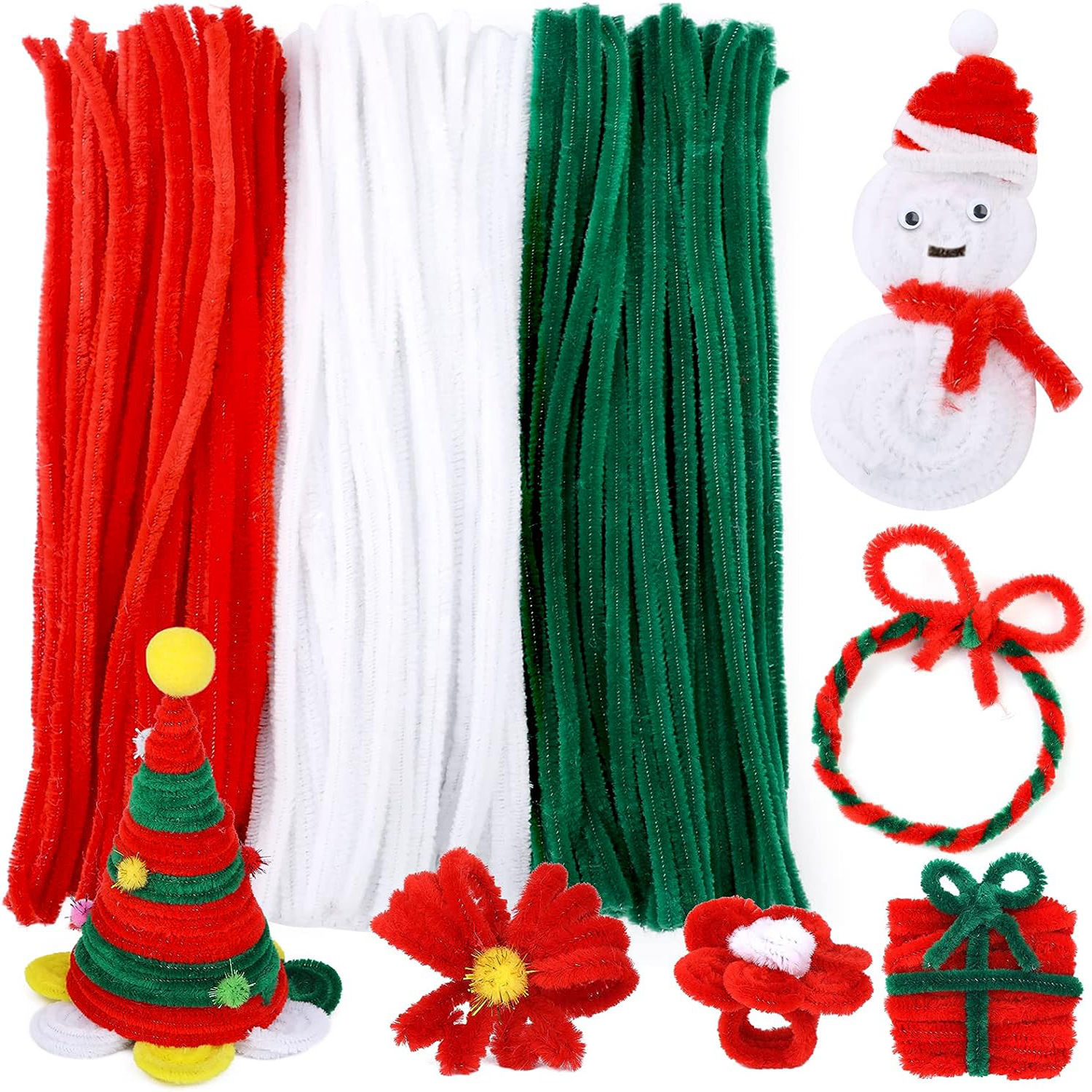  150Pcs Christmas Pipe Cleaners Craft Set Including 50Pcs Green  Chenille Stems, 50Pcs White Chenille Stems, and 50Pcs Red Pipe Cleaners for  DIY Crafts Christmas Decorations (150Pcs Red White Green) : Arts