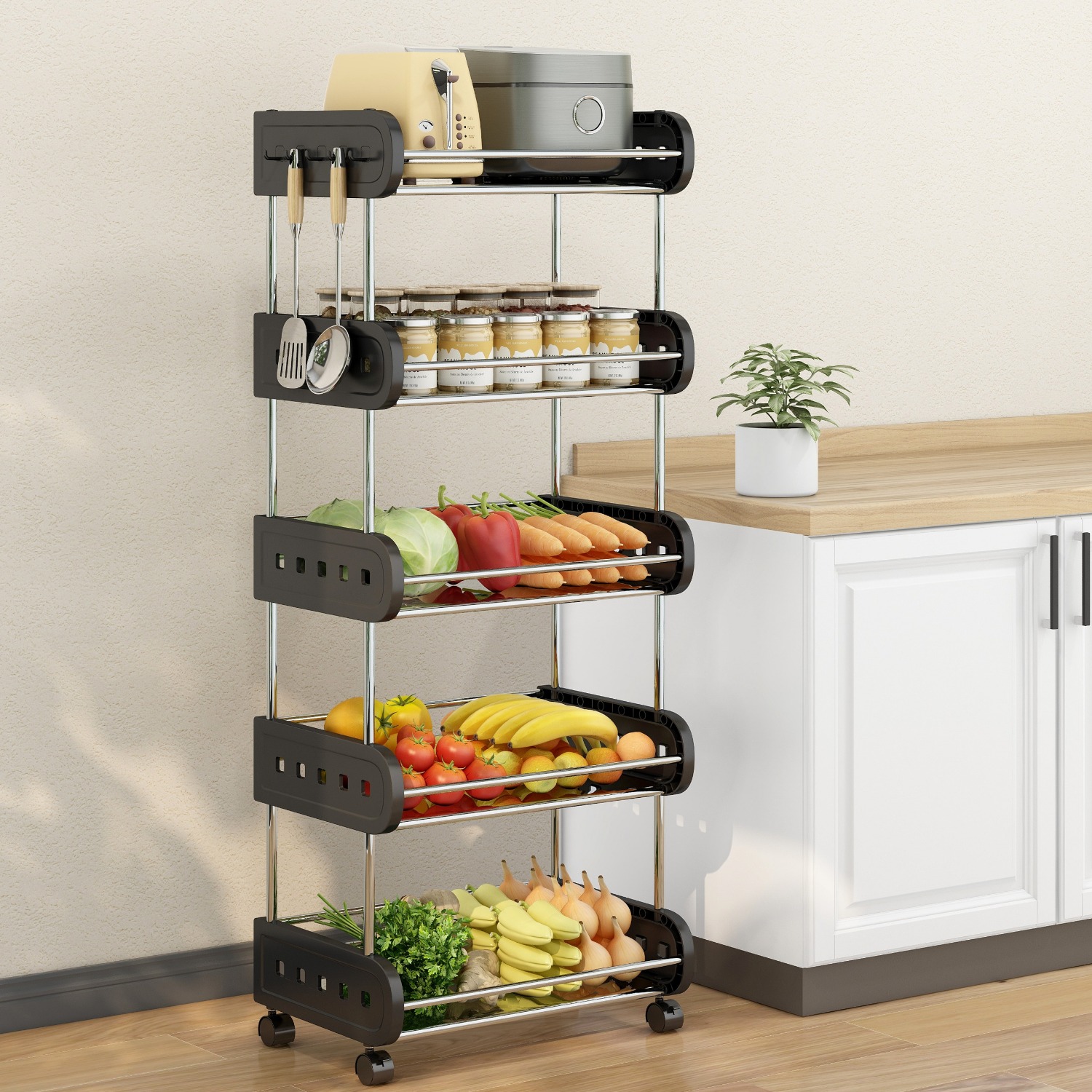 MPM 3-Tier Foldable Shelf Storage with Wheels, Heavy Duty Casters