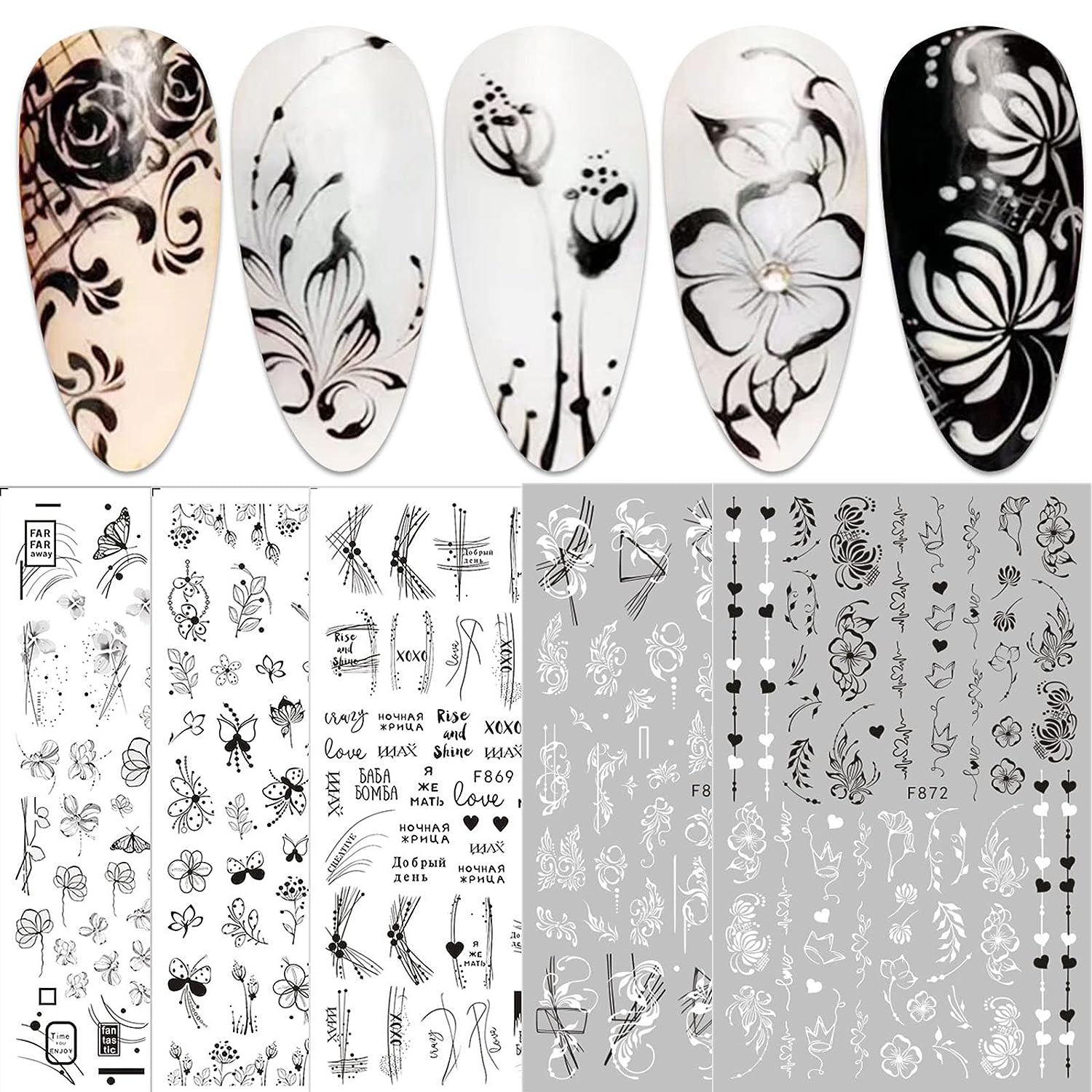 

10 Sheets, Spring Flower Butterfly Nail Art Stickers, Self Adhesive Black White Blossom Design Nail Art Decals For Diy Or Nail Salons, Nail Art Supplies For Women And Girls